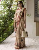 Beige Tussar Silk Printed Saree