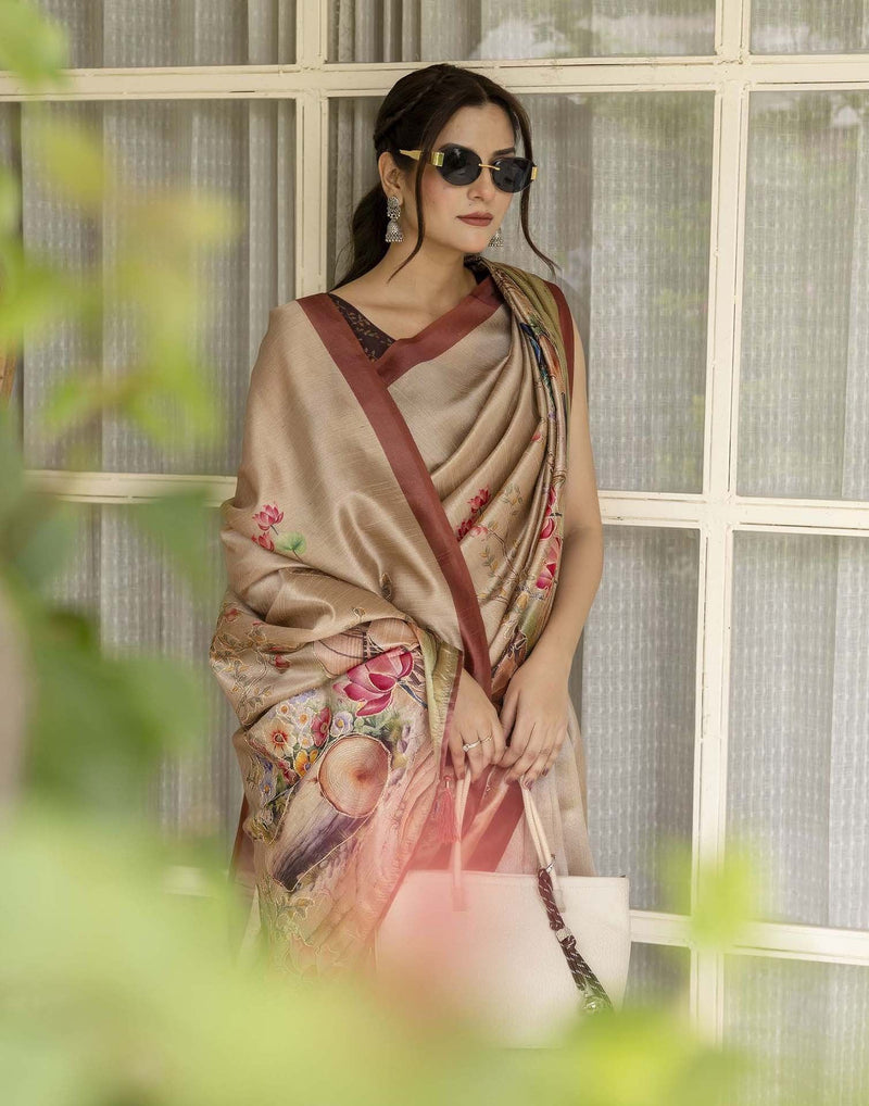 Beige Tussar Silk Printed Saree