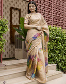 Beige Cotton Floral Printed  Saree