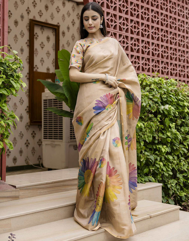 Beige Cotton Floral Printed  Saree