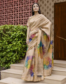 Beige Cotton Floral Printed  Saree