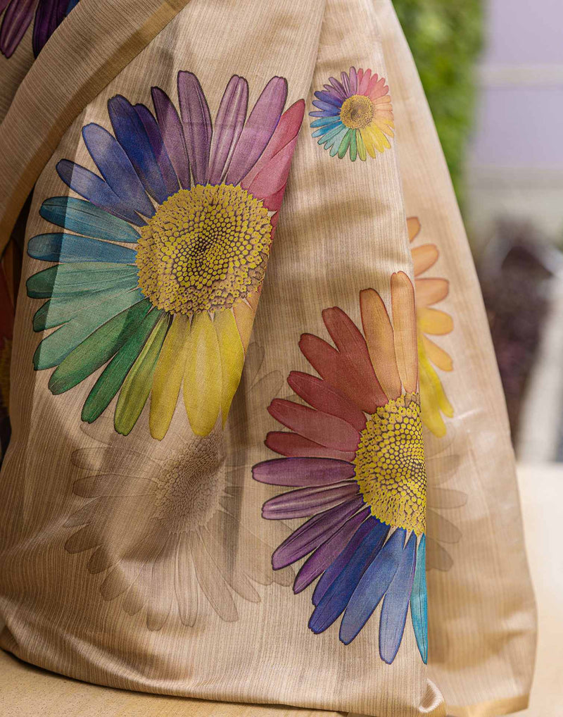 Beige Cotton Floral Printed  Saree