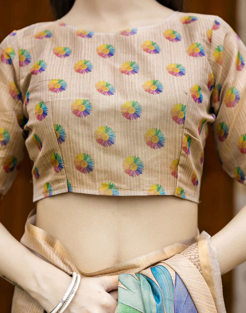 Beige Cotton Floral Printed  Saree