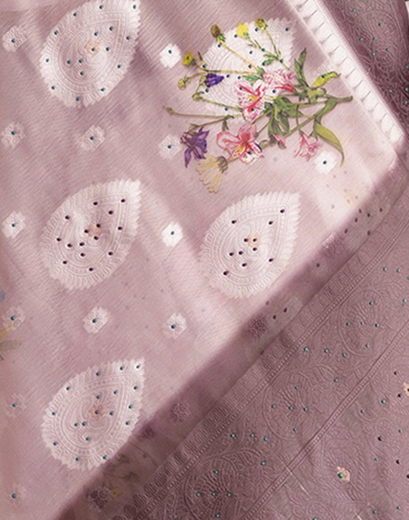 Baby Pink Chanderi Floral Printed Saree