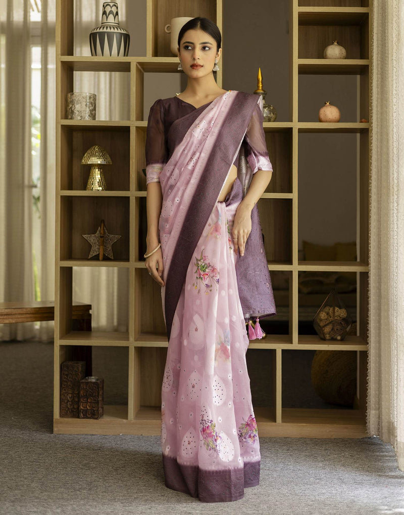 Baby Pink Chanderi Floral Printed Saree