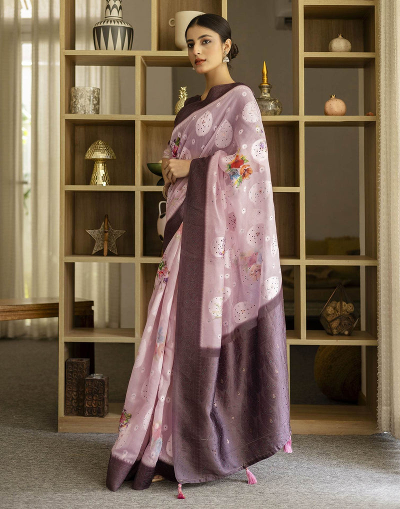 Baby Pink Chanderi Floral Printed Saree