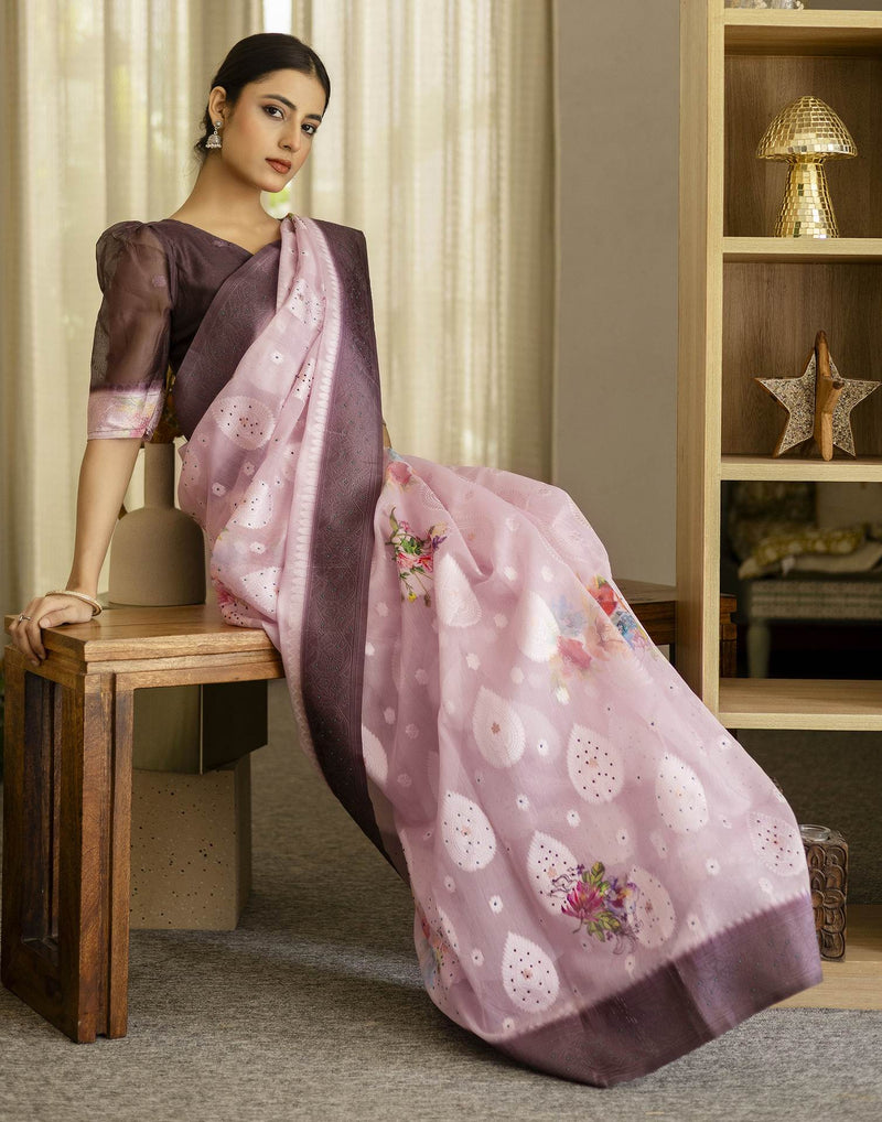 Baby Pink Chanderi Floral Printed Saree