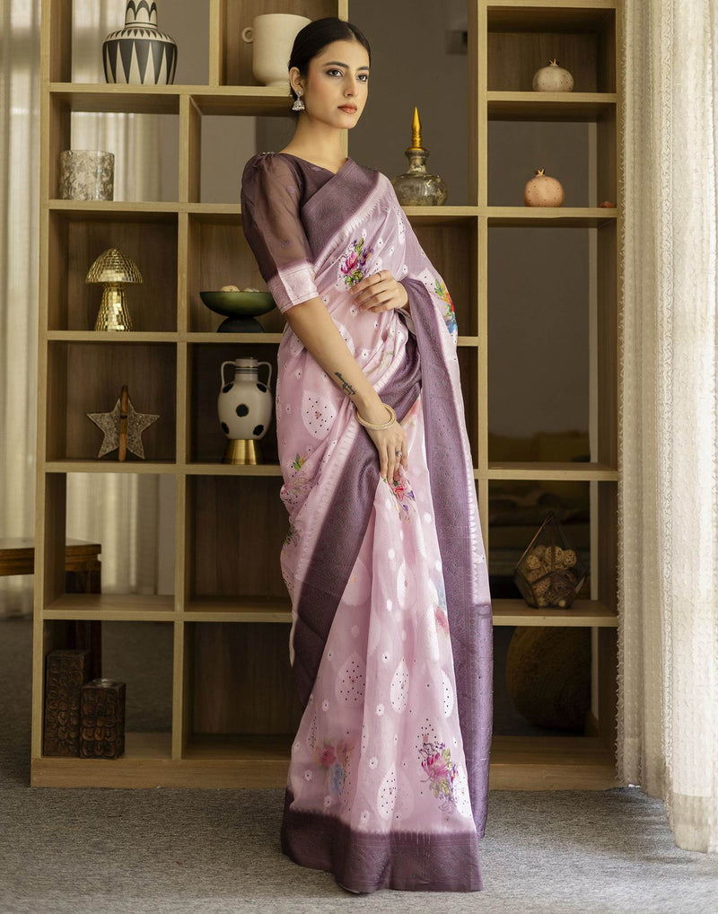 Baby Pink Chanderi Floral Printed Saree
