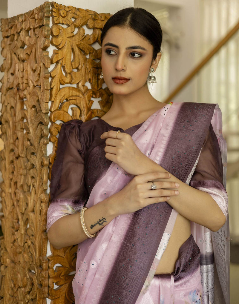 Baby Pink Chanderi Floral Printed Saree