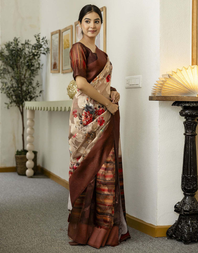 Beige Chanderi Floral Printed Saree