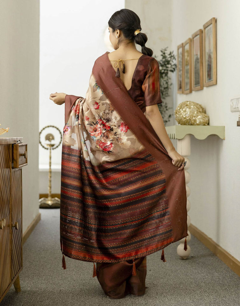 Beige Chanderi Floral Printed Saree