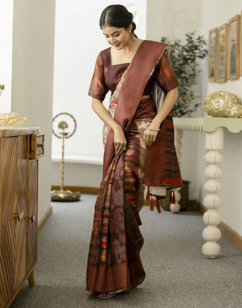 Beige Chanderi Floral Printed Saree