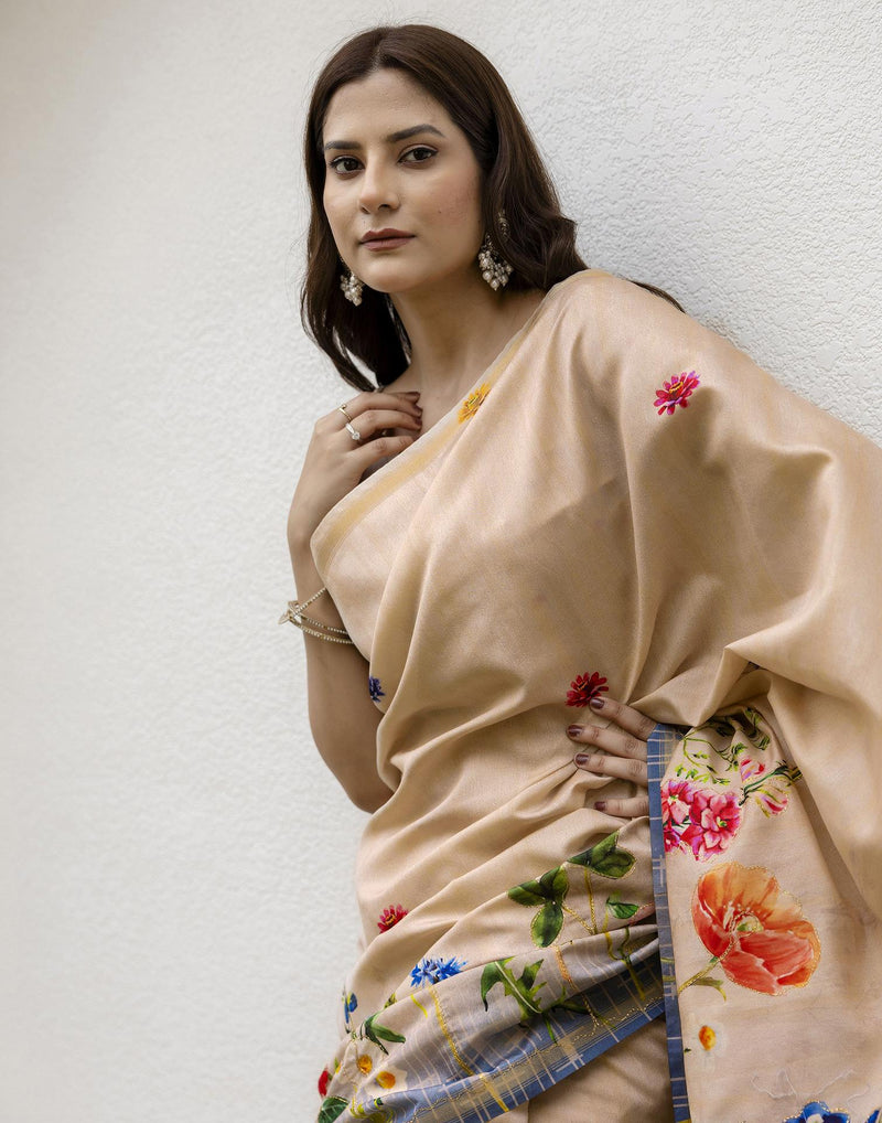 Beige Silk Floral Printed Saree