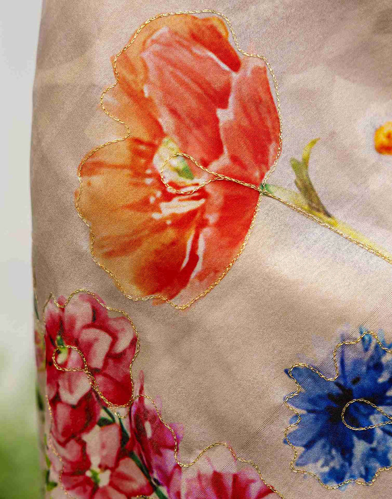 Beige Silk Floral Printed Saree