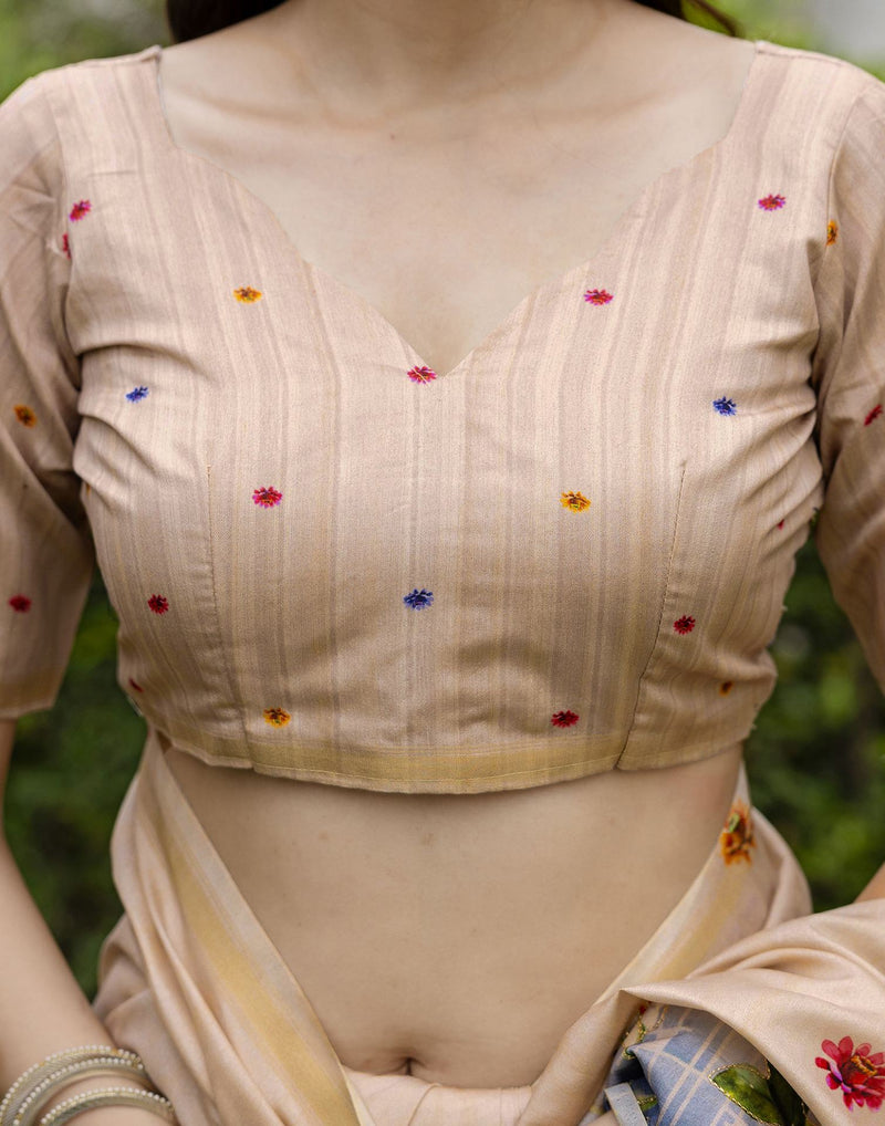 Beige Silk Floral Printed Saree