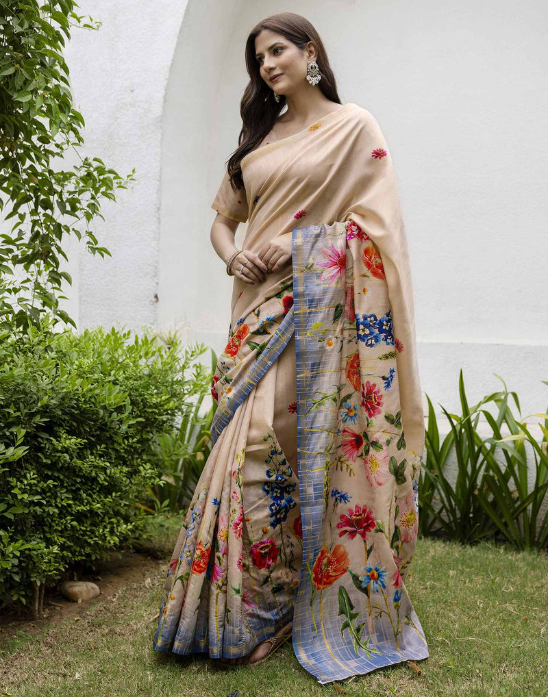 Beige Silk Floral Printed Saree