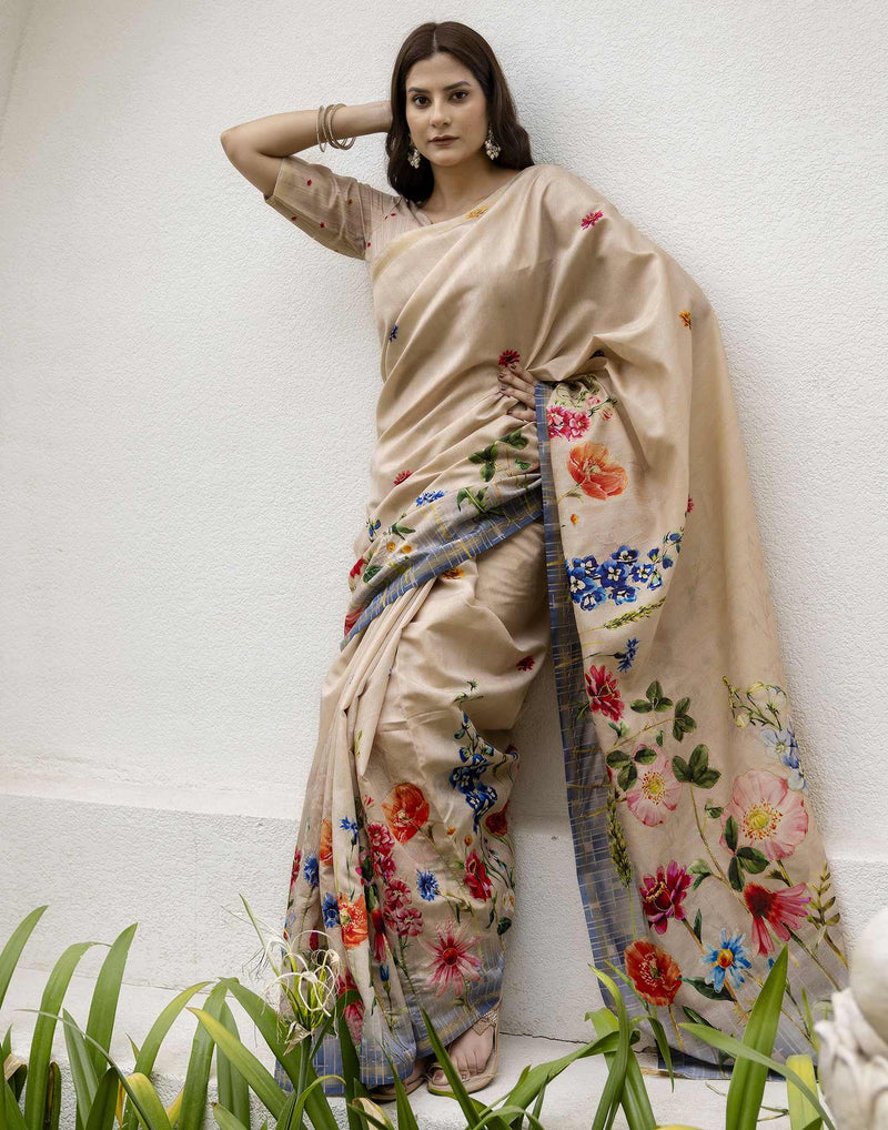 Beige Silk Floral Printed Saree
