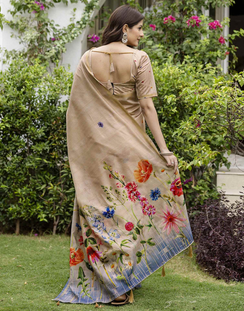 Beige Silk Floral Printed Saree