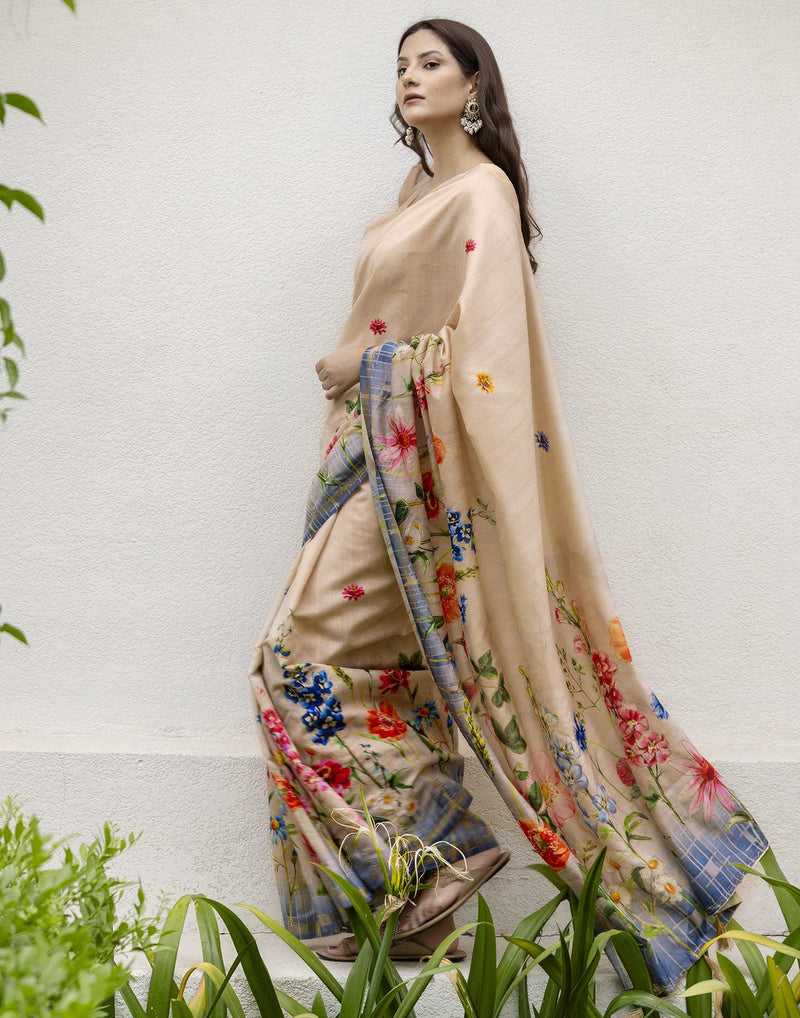Beige Silk Floral Printed Saree