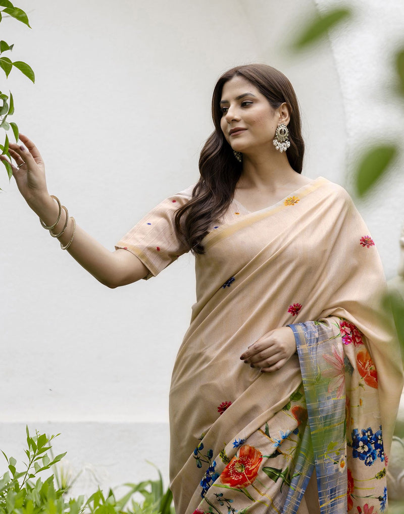 Beige Silk Floral Printed Saree