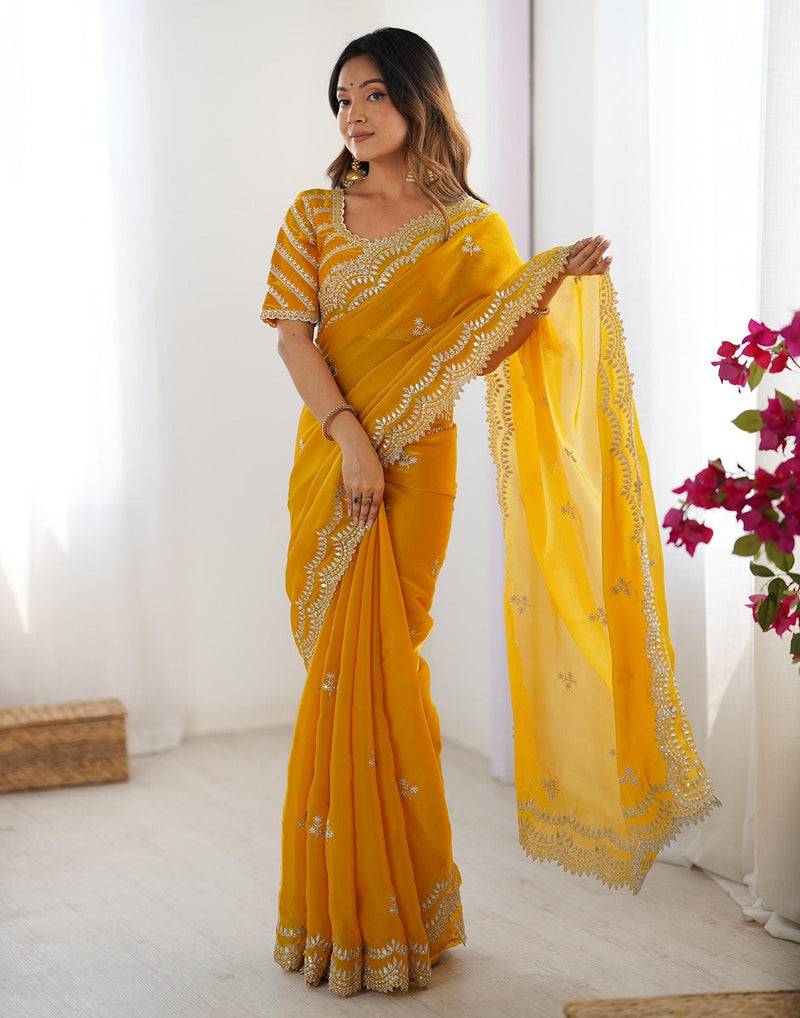 Yellow Silk Sequence Embroidery Saree