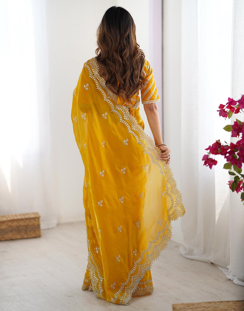 Yellow Silk Sequence Embroidery Saree