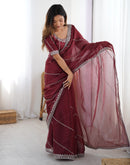 Maroon Tissue Silk Sequence Embroidery Saree