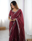 Maroon Tissue Silk Sequence Embroidery Saree