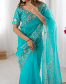 Turquoise Blue Organza Sequence Embroidery Saree