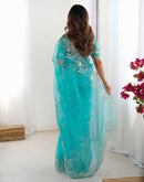 Turquoise Blue Organza Sequence Embroidery Saree
