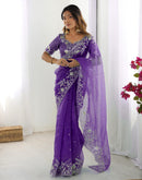 Purple Organza Embroidery Lace Saree