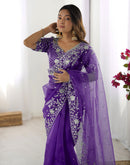 Purple Organza Embroidery Lace Saree