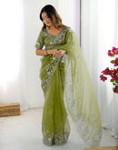 Green Organza Embroidery Lace Saree