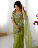 Green Organza Embroidery Lace Saree
