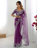 Wine Organza Embroidery Lace Saree
