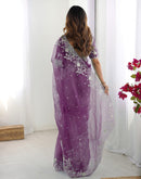 Wine Organza Embroidery Lace Saree