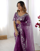Wine Organza Embroidery Lace Saree
