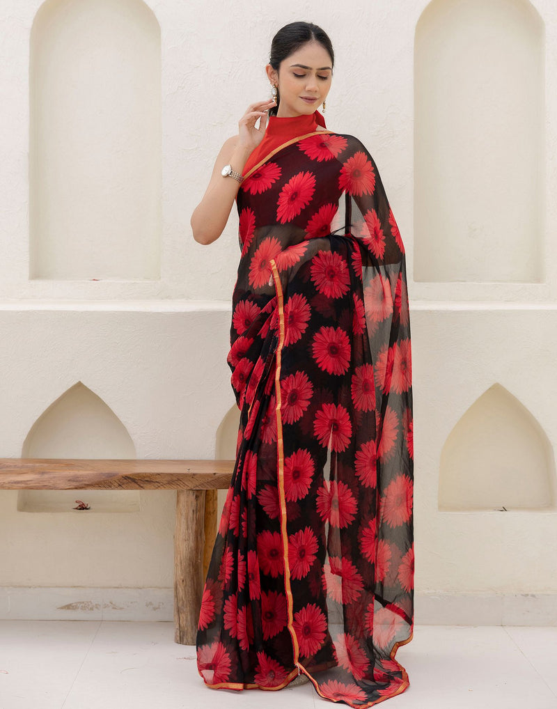 Black Chiffon Floral Printed Saree