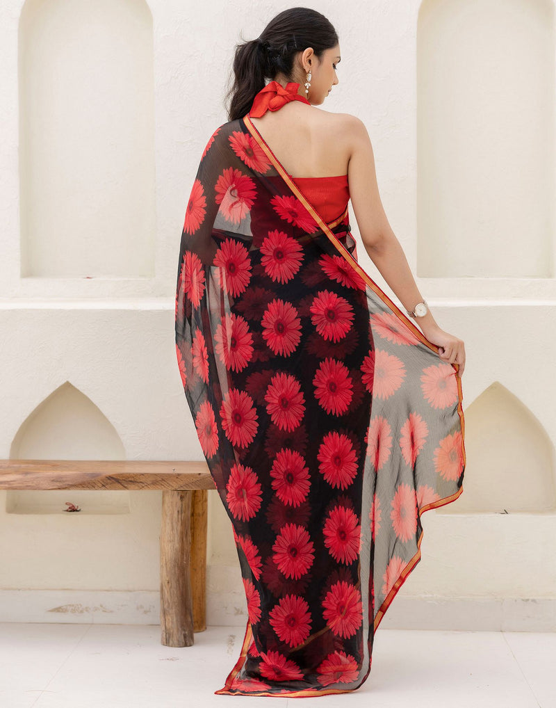 Black Chiffon Floral Printed Saree