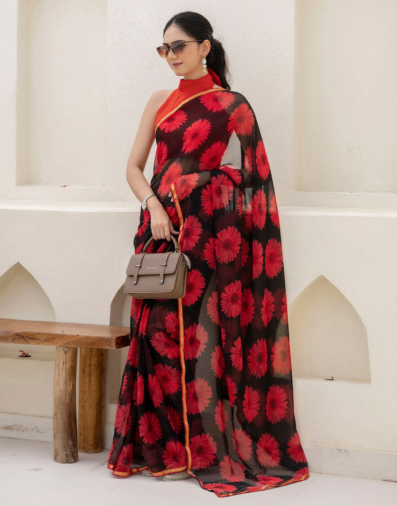 Black Chiffon Floral Printed Saree