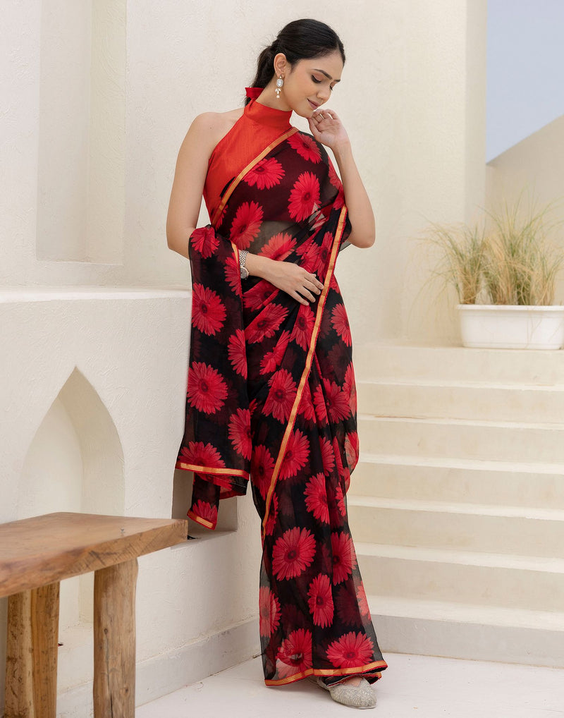 Black Chiffon Floral Printed Saree