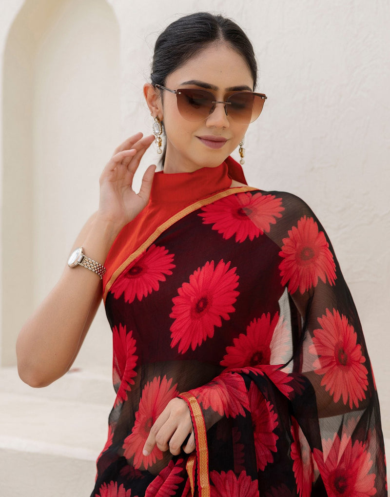 Black Chiffon Floral Printed Saree