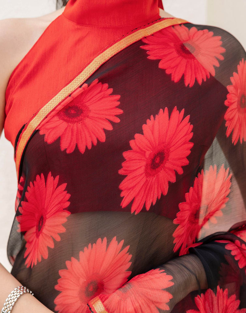 Black Chiffon Floral Printed Saree
