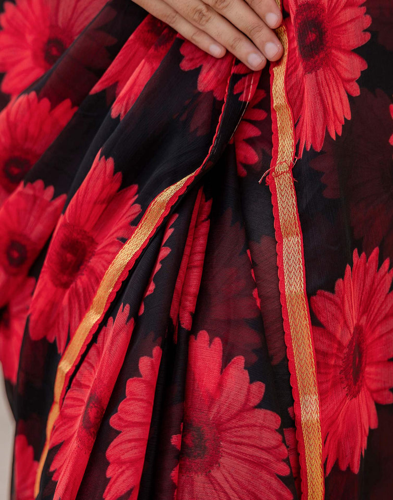 Black Chiffon Floral Printed Saree
