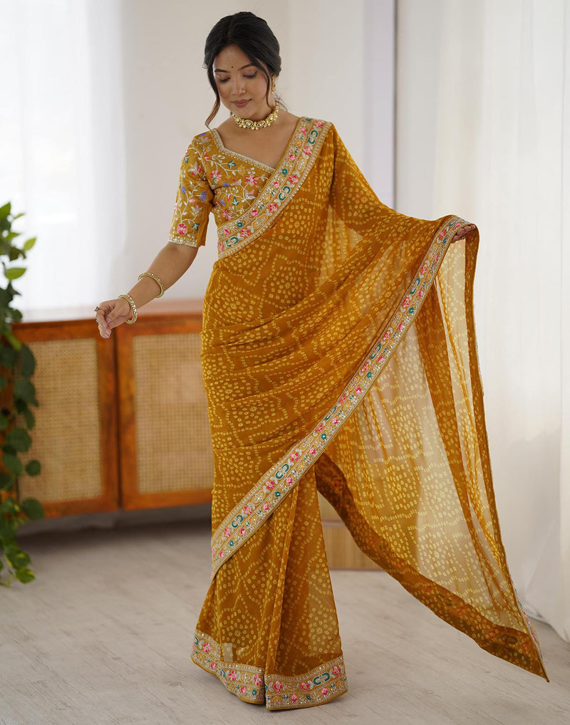 Yellow Georgette Printed Bandhani Saree