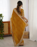 Yellow Georgette Printed Bandhani Saree