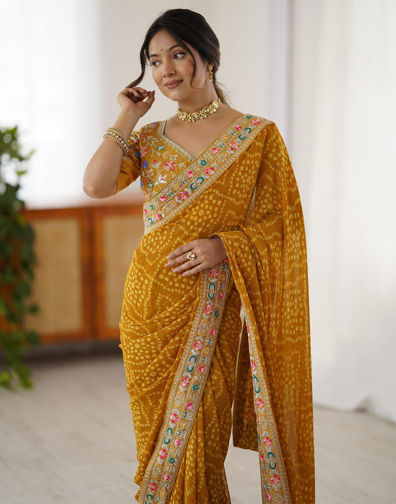 Yellow Georgette Printed Bandhani Saree