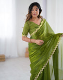 Green Tissue Silk Embroidery Lace Saree