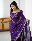 Purple Tissue Silk Embroidery Saree