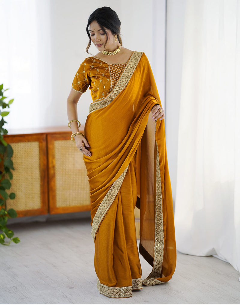 Yellow Chiffon Embroidery Lace Saree